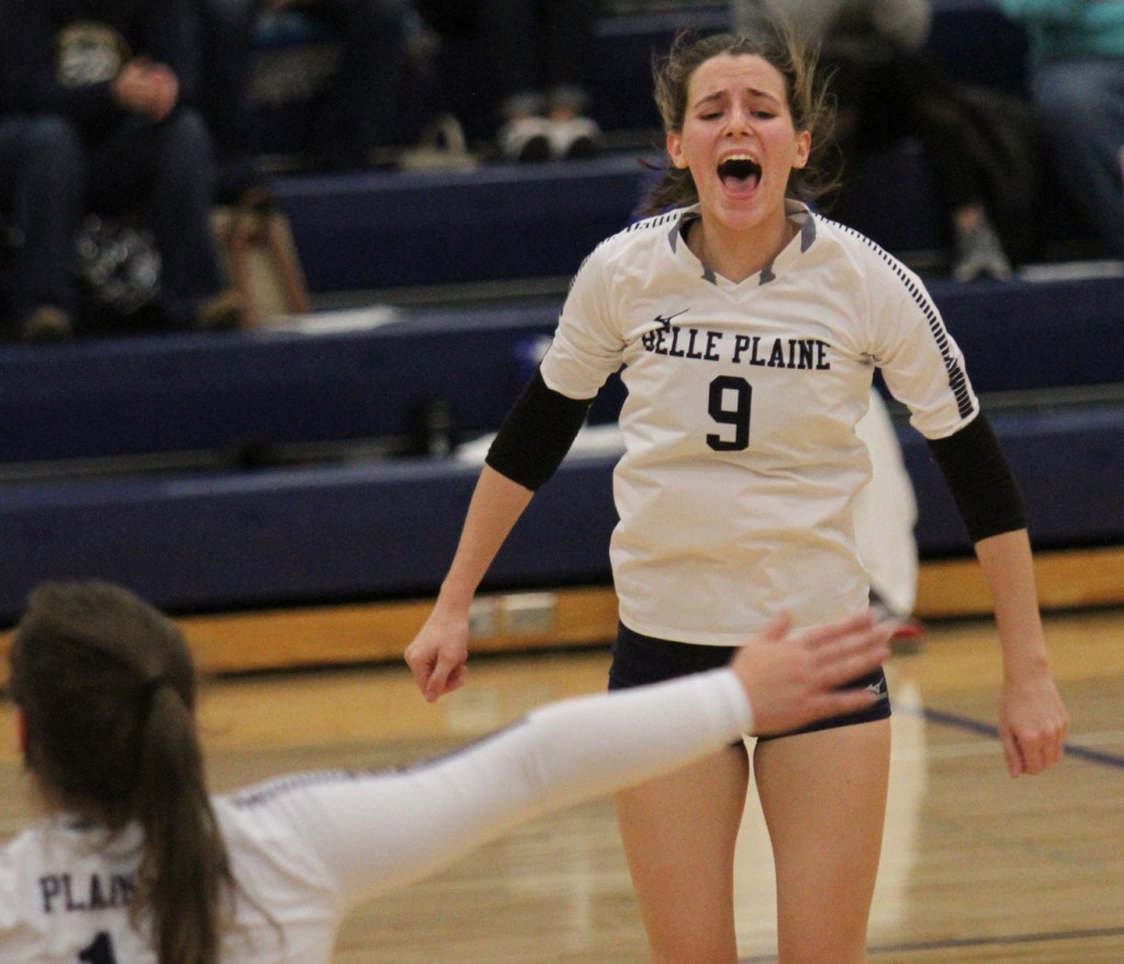 Nicholaa Phillippe celebrates a point for Belle Plaine against Springville.
